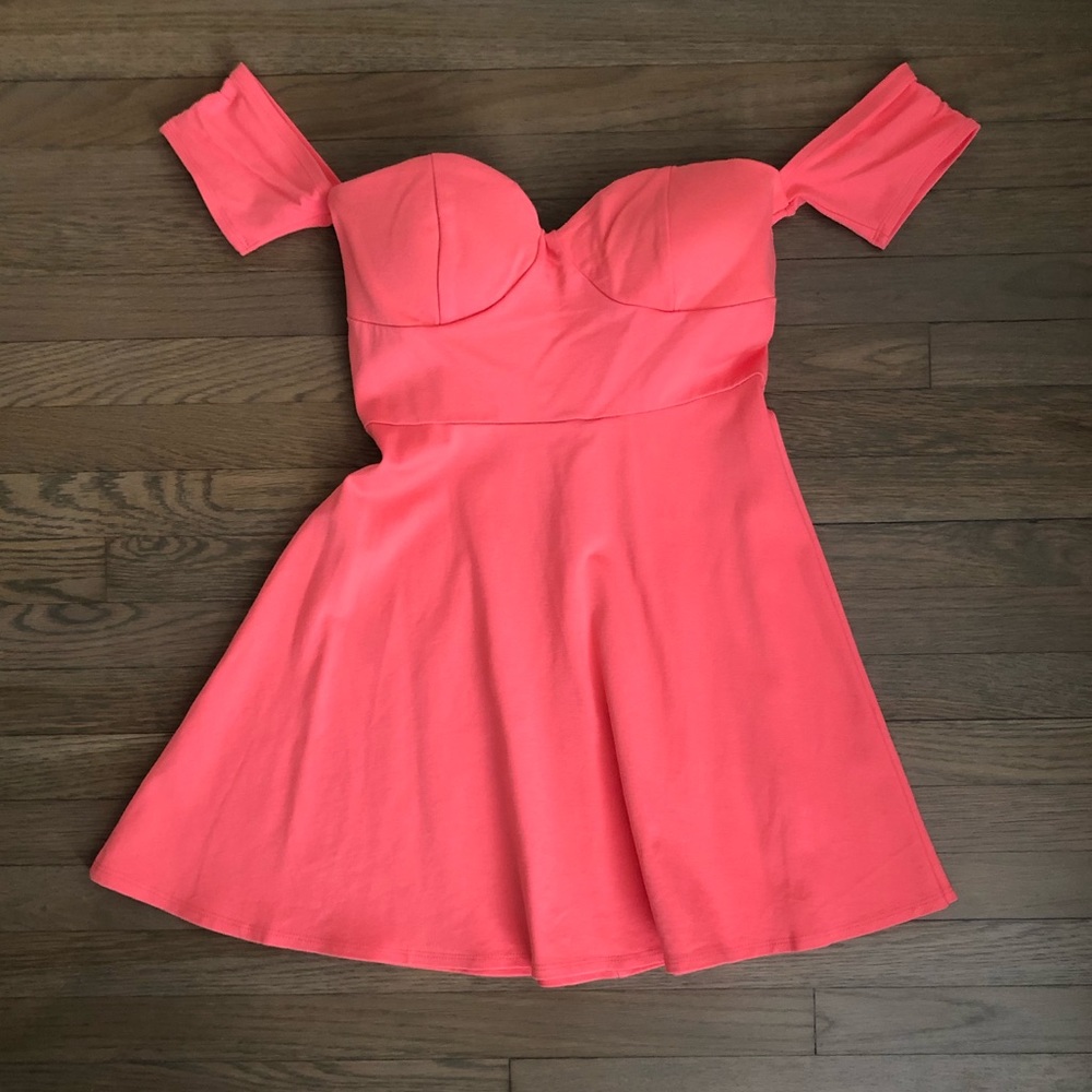 Coral off the shoulder dress from LuLu’s